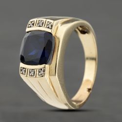 Second Hand 9ct Yellow Gold Synthetic Sapphire & Diamond Ring 41342022