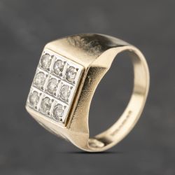 Second Hand 9ct Yellow Gold Diamond Grid Signet Ring 41342244