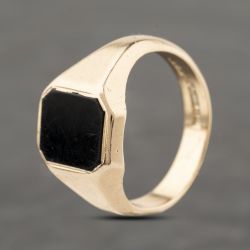 Second Hand 9ct Yellow Gold Onyx Hexagon Signet Ring 41342252