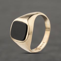 Second Hand 9ct Yellow Gold Onyx Cushion Signet Ring 41342264
