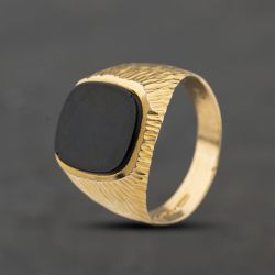 Second Hand 9ct Yellow Gold Onyx Oblong Signet Ring 41342470