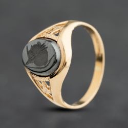Second Hand 9ct Yellow Gold Hematite Oval With Open Work Shoulders Signet Ring 41342633