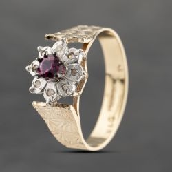 Second Hand 9ct Yellow Gold Ruby & Diamond Flower Cluster Ring 41382423