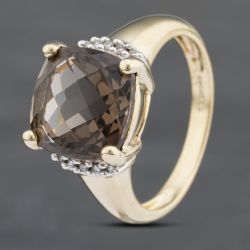 Second Hand 9ct Yellow Gold Smokey Quartz & Diamond Cushion Shape Dress Ring 41382682