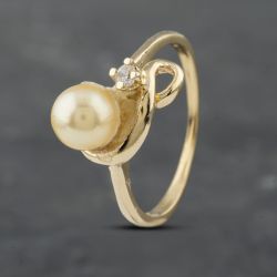 Second Hand 14ct Yellow Gold Cultured Pearl & Cubic Zirconia Swirl Two Stone Ring 41382707