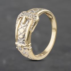 Second Hand 9ct Yellow Gold Diamond Patterned Buckle Ring 41382893