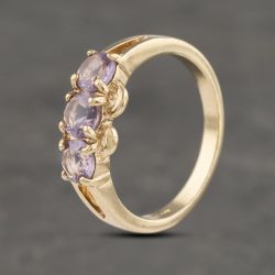 Second Hand 9ct Yellow Gold Amethyst Openwork Shoulders Three Stone Ring 41382999