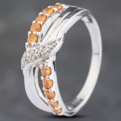 Second Hand 9ct White Gold Orange Garnets & Diamond Crossover Ring 41383085