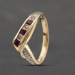 Second Hand 9ct Yellow Gold Ruby & Diamond Half Wishbone Ring 41383287