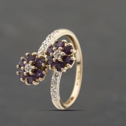 Second Hand 9ct Yellow Gold Amethyst & 0.01ct Diamond Double Cross Over Cluster Ring 41383291