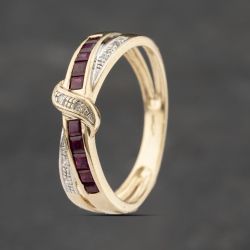Second Hand 9ct Yellow Gold Ruby & Diamond Crossover Ring 41383292