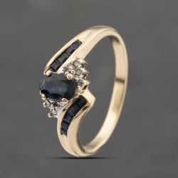 Second Hand 9ct Yellow Gold Sapphire & Diamond Twist Cluster Ring 41383405