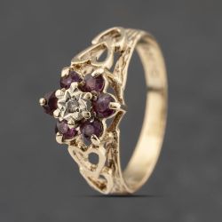Second Hand 9ct Yellow Gold Ruby & Diamond Cluster Ring 41383474