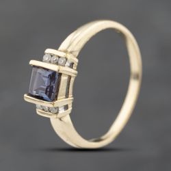 Second Hand 9ct Yellow Gold Blue Topaz & Diamond Dress Ring 41383481