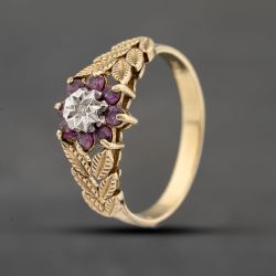Second Hand 9ct Yellow Gold Ruby & 0.05ct Diamond Flower Cluster Ring 41383532