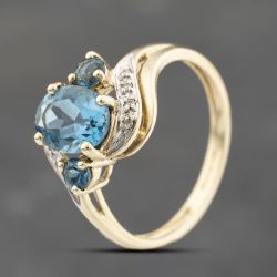 Second Hand 9ct Yellow Gold Blue Topaz & 0.04ct Diamond Dress Ring 41383722