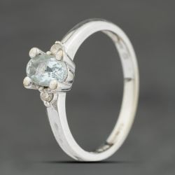 Second Hand 9ct White Gold Aquamarine & Brilliant Cut Diamond Oval Three Stone Ring 41383949