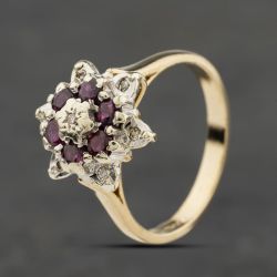 Second Hand 9ct Yellow Gold Ruby & Diamond Star Design Cluster Ring 41384050
