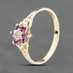 Second Hand 9ct Yellow Gold Ruby & 0.01ct Diamond Flower Cluster Ring 41384130