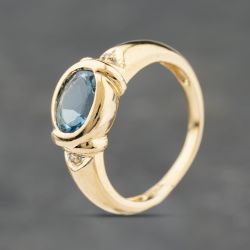 Second Hand 9ct Yellow Gold Blue Topaz & Diamond Set Shoulders Dress Ring 41384159