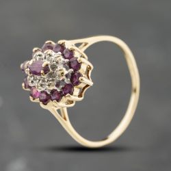 Second Hand 9ct Yellow Gold Ruby & 0.04ct Brilliant Cut Diamond Marquise Shape Cluster Ring 41384173