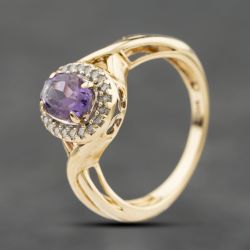Second Hand 9ct Yellow Gold Amethyst & 0.13ct Brilliant Cut Diamond Open Work Shoulders Cluster Ring 41384220