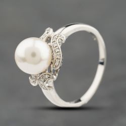 Second Hand 14ct White Gold Cultured Pearl & Diamond Swirl Design Dress Ring 41384224