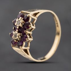Second Hand 9ct Yellow Gold Ruby & Diamond Double Cluster Ring 41384266