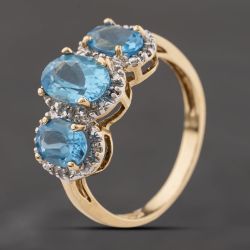 Second Hand 9ct Yellow Gold 2.50ct Blue Topaz & 0.05ct Diamond Triple Cluster Ring 41384325