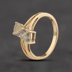 Second Hand 9ct Yellow Gold Pale Green Tourmaline & 0.01ct Diamond Two Stone Dress Ring 41384339