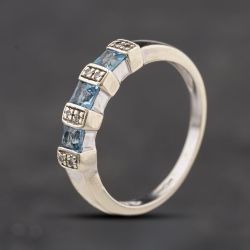 Second Hand 9ct White Gold Blue Topaz & Diamond Square Cut Half Eternity Ring 41384351