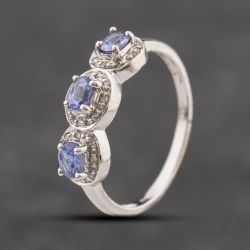 Second Hand 9ct White Gold Tanzanite & 0.10ct Diamond Triple Cluster Ring 41384355
