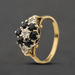 Second Hand 9ct Yellow Gold Sapphire & 0.02ct Diamond Boat Shaped Cluster Ring 41384507