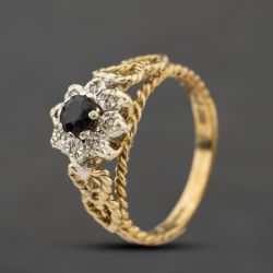 Second Hand 9ct Yellow Gold Sapphire & 0.04ct Diamond Flower Heart Shoulders Cluster Ring 41384511