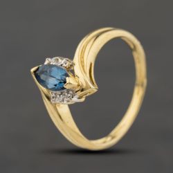 Second Hand 9ct Yellow Gold Blue Topaz & 0.02ct Diamond Marquise Shaped Dress Ring 41384522