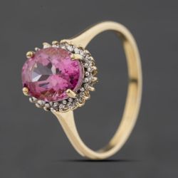 Second Hand 9ct Yellow Gold Colour Treated Pink Topaz & 0.02ct Diamond Oval Cluster Ring 41384579