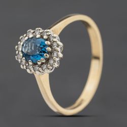 Second Hand 9ct Yellow Gold Blue Topaz & 0.15ct Diamond Oval Cluster Ring 41384590