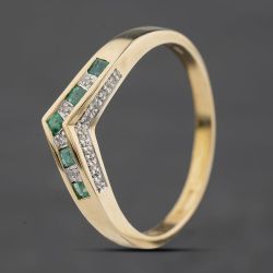 Second Hand 9ct Yellow Gold Emerald & 0.08ct Diamond Half Wishbone Ring 41384598