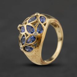 Second Hand 9ct Yellow Gold Diamond & Iolite Dome Flower Pattern Dress Ring 41384758