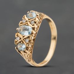 Second Hand Vintage 9ct Yellow Gold Aquamarine & 0.04ct Diamond Seven Stone Ring 41384907
