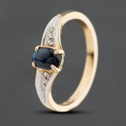 Second Hand 9ct Yellow Gold Cabochon Sapphire & Diamond Half Wishbone Ring 41385012