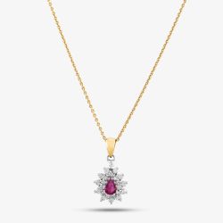 Second Hand 18ct Yellow Gold Ruby & Diamond Cluster Pendant & 18 Inch Trace Chain 4139945