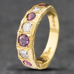 Second Hand Vintage 18ct Yellow Gold Ruby & Diamond Graduating Half Eternity Ring 41481361