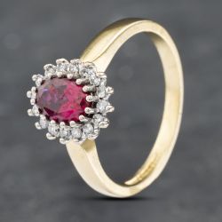 Second Hand 18ct Yellow Gold Synthetic Stone & Diamond Oval Cluster Ring 41481754