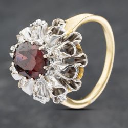 Second Hand Vintage 18ct Yellow Gold Garnet & Brilliant Cut Diamond Spray Design Cluster Ring 41481756