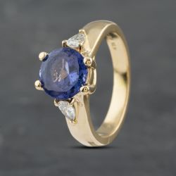 Second Hand 14ct Yellow Gold Tanzanite & 0.25ct Pear Cut Diamond Three Stone Ring 41481782