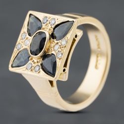 Second Hand 14ct Yellow Gold Sapphire & Brilliant Cut Diamond Square Set Cluster Ring 41481812