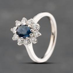 Second Hand 18ct White Gold Sapphire & 0.50ct Brilliant Cut Diamond Oval Cluster Ring 41482071