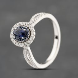 Second Hand 14ct White Gold Sapphire & 0.35ct Diamond Oval Halo Cluster Ring 41482073