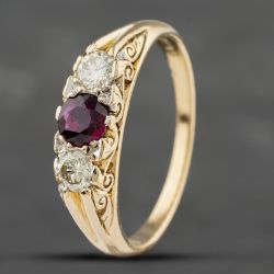 Second Hand Vintage 18ct Yellow Gold Ruby & 0.33ct Diamond Three Stone Ring 41482102